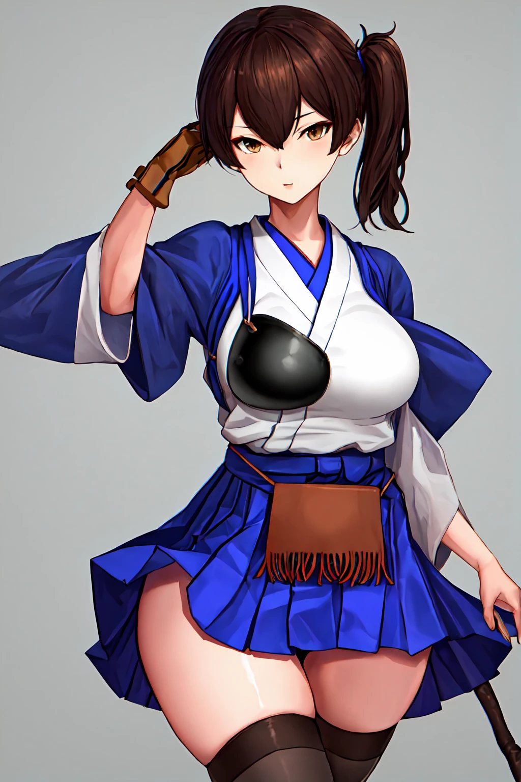 best quality, masterpiece, highres, solo, {kaga_kantaicollection:1.15}, brown_hair, side_ponytail, brown_eyes, short_hair, breasts, long_hair, 1girl, hakama, hakama_skirt, japanese_clothes, skirt, tasuki, hakama_short_skirt, blue_hakama, looking_at_viewer, muneate, simple_background, black_thighhighs, large_breasts, sitting, thighhighs
