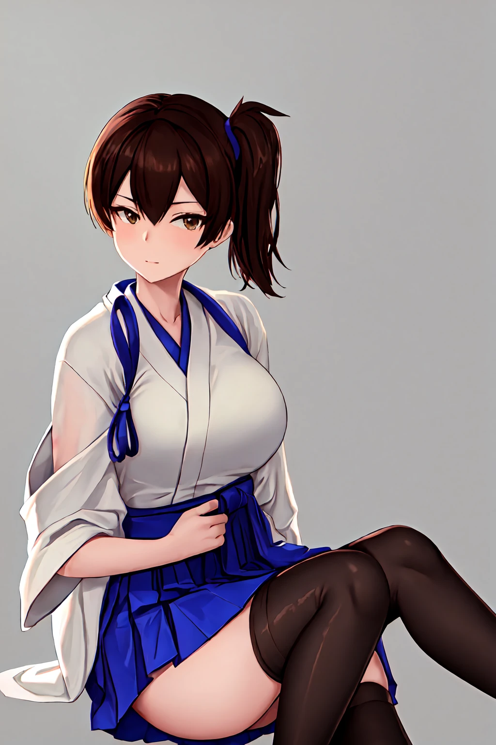 best quality, masterpiece, highres, solo, {kaga_kantaicollection:1.15}, brown_hair, side_ponytail, brown_eyes, short_hair, breasts, long_hair, 1girl, hakama, hakama_skirt, japanese_clothes, skirt, tasuki, hakama_short_skirt, blue_hakama, looking_at_viewer, muneate, simple_background, black_thighhighs, large_breasts, sitting, thighhighs