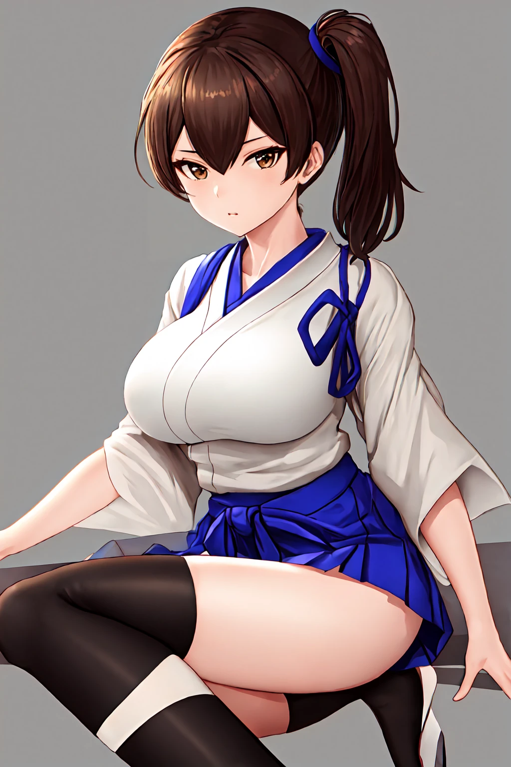 best quality, masterpiece, highres, solo, {kaga_kantaicollection:1.15}, brown_hair, side_ponytail, brown_eyes, short_hair, breasts, long_hair, 1girl, hakama, hakama_skirt, japanese_clothes, skirt, tasuki, hakama_short_skirt, blue_hakama, looking_at_viewer, muneate, simple_background, black_thighhighs, large_breasts, sitting, thighhighs