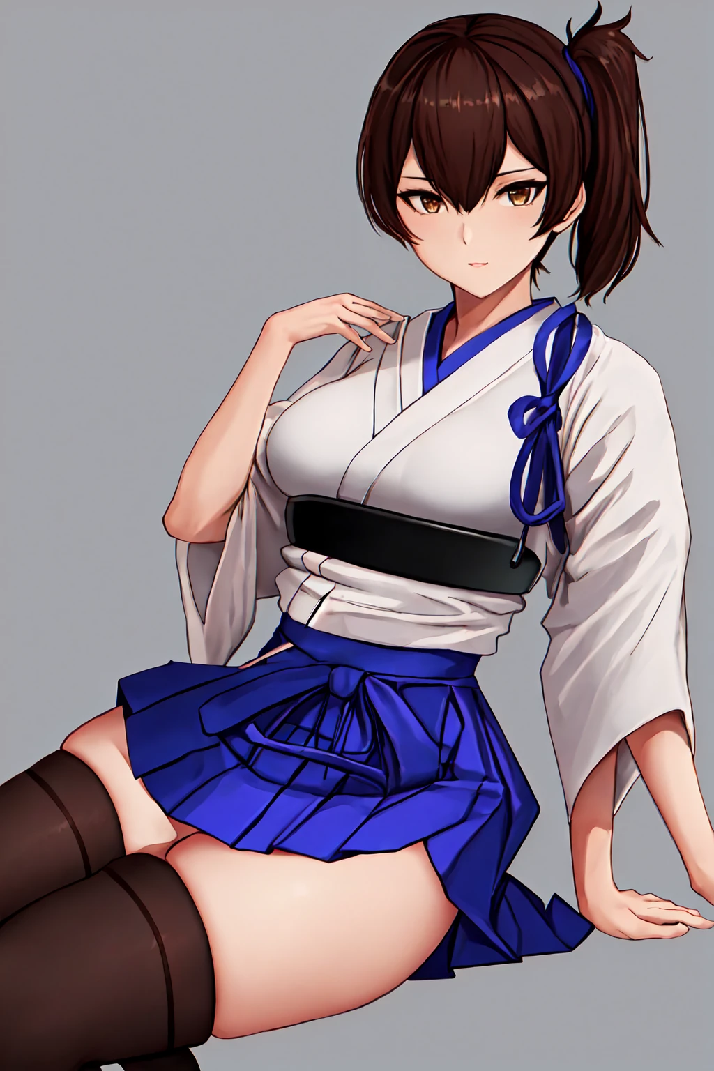 best quality, masterpiece, highres, solo, {kaga_kantaicollection:1.15}, brown_hair, side_ponytail, brown_eyes, short_hair, breasts, long_hair, 1girl, hakama, hakama_skirt, japanese_clothes, skirt, tasuki, hakama_short_skirt, blue_hakama, looking_at_viewer, muneate, simple_background, black_thighhighs, large_breasts, sitting, thighhighs