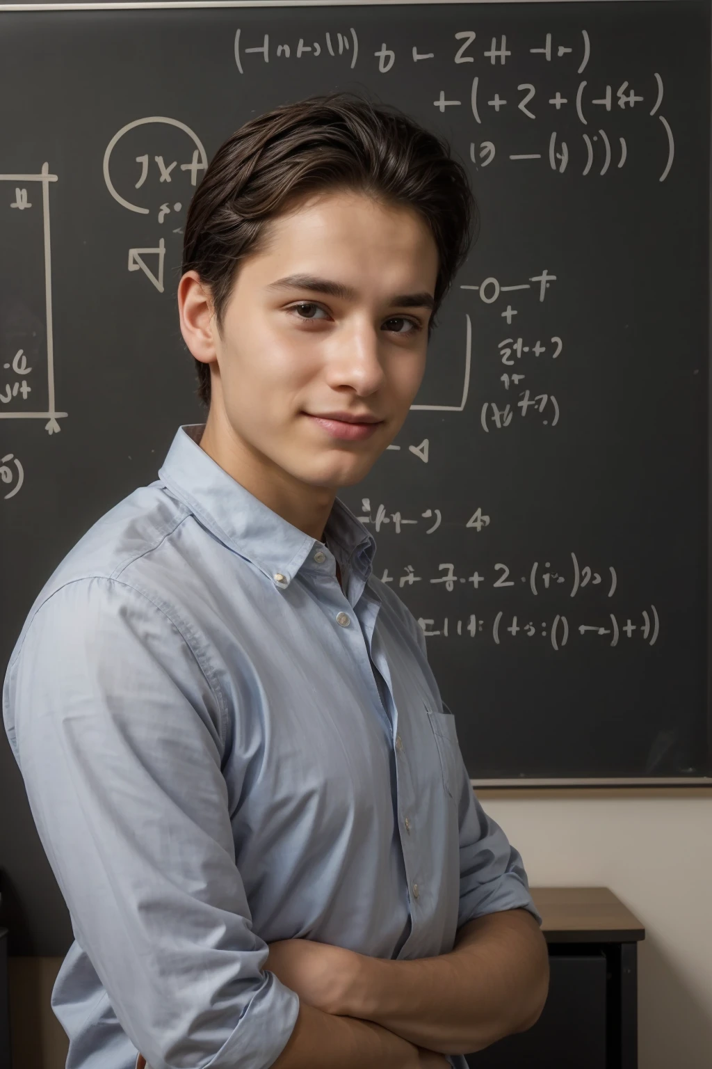 A cute, beautiful, male young man with a twinkle in his eye, with black hair, a feminine, obedient, innocent face, and he is in his office, and behind him is a blackboard with calculus written on it, and next to him is a screen containing physics equations, and he looks on proudly.