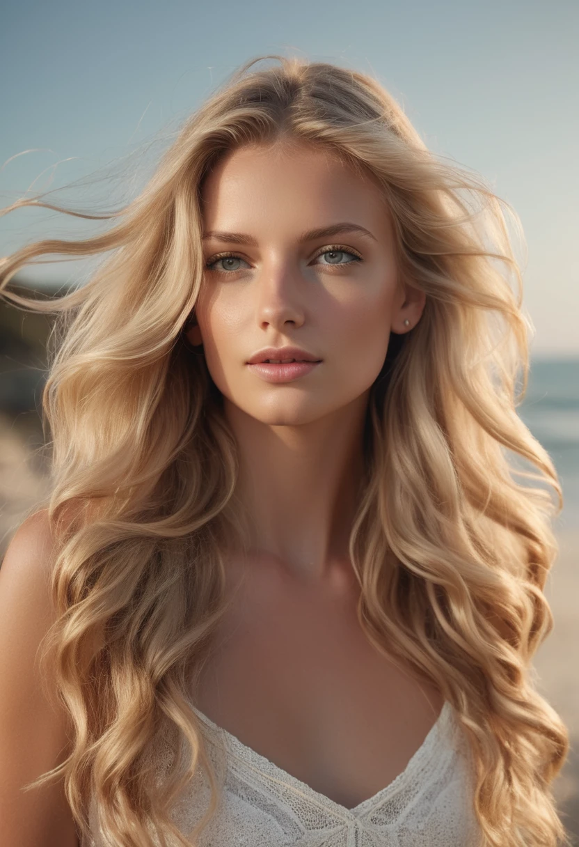 3/4 face portrait photo of a beautiful 21 years old caucasian woman, (extra long wavy blonde hair blown in the wind), outside, Award - winning photograph, Masterpiece, 8k, ultra high res, hyper detailed, perfect flawless face, rule of thirds, Realistic Perfect eyes and pupils, Perfect full lips, upturned nose, highly detailed shining hair, ((detailed facial featureinely detailed skin), tanned skin, skin pores, skin blemishes, realistic skin texture, intricate details, photorealism, hyperrealism, ultra realistic, lifelike textures, neutral colors, studio lighting, cinematic lighting, soft volumetric light on face, backlight on hair, sharp focus, wide angle, film grain, dslr, raw photo, she is on the beach