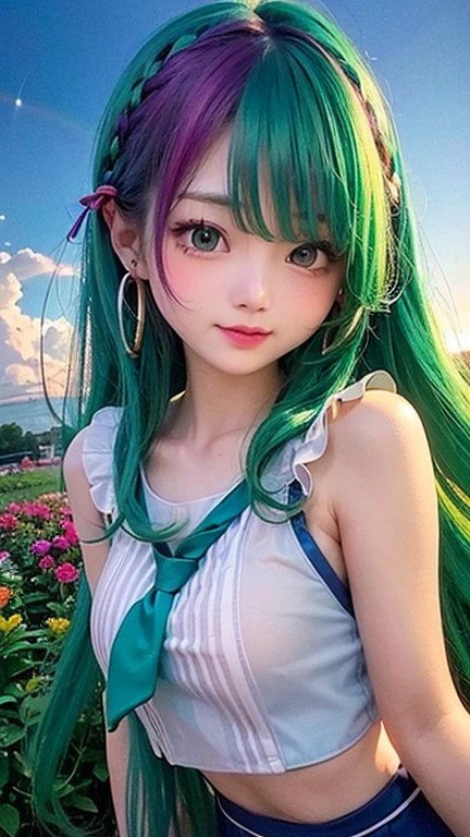 Small face、 (alone:1.5,)Very detailed,Bright colors, Very beautiful detailed anime faces and eyes, Look straight ahead, Shiny_skin,girl, (((Rainbow Hair, Colorful hair, Half red、Half emerald green hair: 1.2))), 、Shiny hair, Delicate beautiful face, blush、Glasses、(Turquoise Eyes), , Valletta, Earrings,、Flower Garden、Sunset、(((light blue、See-through、sexy、Sailor Leotard、Lace mini skirt,Translucent shirt)))、(Twin tails)、smile、Happy Face、Red-faced、Cheerful pose、dynamic、