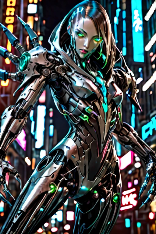 beautiful detailed eyes, beautiful detailed lips, extremely detailed eyes and face, long eyelashes, 1girl, cyborg, cyberpunk, futuristic, sleek metallic costume, intricate tubes and wires, blazing energy claws, hovering over city, electric energy sparking from hands, hyper detailed, photorealistic, 8k, cinematic lighting, dramatic shadows, neon city lights, glowing highlights, dynamic pose, powerful, heroic