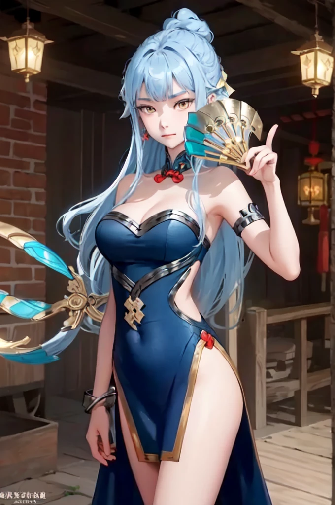 ((big breasts)), 1girl, solo, long hair, looking at viewer, hair ornament, big breasts and exposed breasts, dress, bare shoulders, closed mouth, blue hair, yellow eyes, braid, artist name, a slim navel, blue dress, chinese clothes, china dress, hand fan, folding fan, light blue hair, holding fan, Jordyn Huitema, (masterpiece,best quality:1.5), (masterpiece,best quality:1.5), Hold the fan with the right hand, the left hand does not hold the fan, Chinese imperial palace, feudal China, wooden castle, lake, (lantern), sparkling, (masterpiece,best quality:1.5), (masterpiece,best quality:1.5)