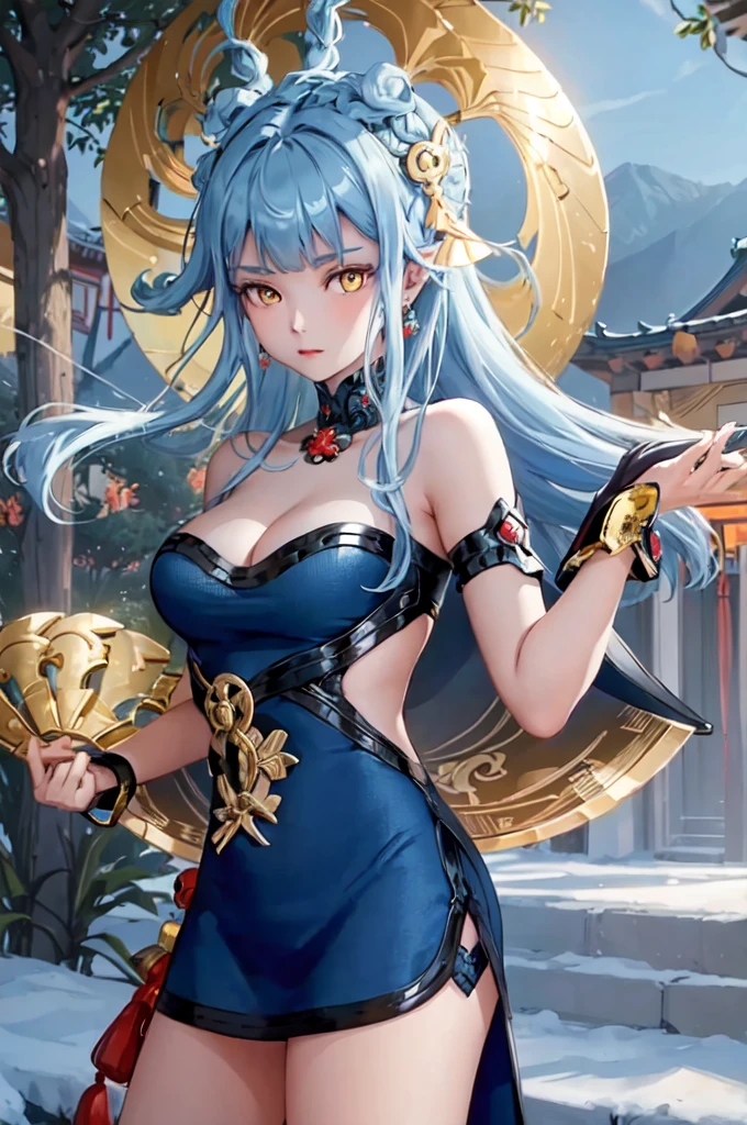 ((big breasts)), 1girl, solo, long hair, looking at viewer, hair ornament, big breasts and exposed breasts, dress, bare shoulders, closed mouth, blue hair, yellow eyes, braid, artist name, a slim navel, blue dress, chinese clothes, china dress, hand fan, folding fan, light blue hair, holding fan, Jordyn Huitema, (masterpiece,best quality:1.5), (masterpiece,best quality:1.5), Hold the fan with the right hand, the left hand does not hold the fan, Chinese imperial palace, feudal China, wooden castle, lake, (lantern), sparkling, (masterpiece,best quality:1.5), (masterpiece,best quality:1.5)