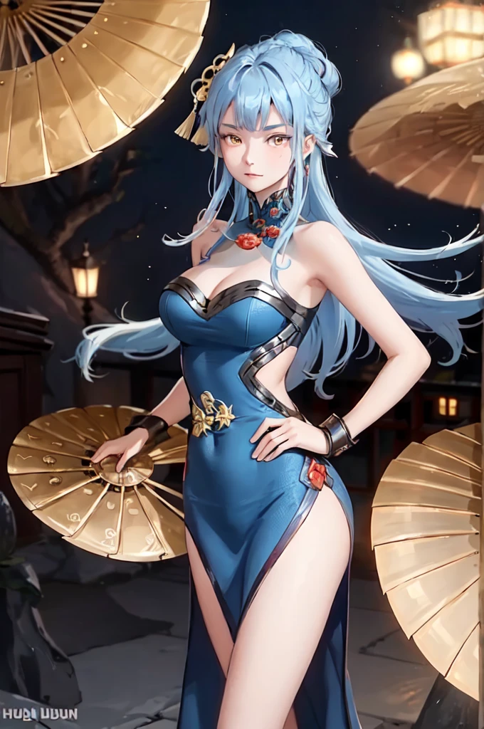 ((big breasts)), 1girl, solo, long hair, looking at viewer, hair ornament, big breasts and exposed breasts, dress, bare shoulders, closed mouth, blue hair, yellow eyes, braid, artist name, a slim navel, blue dress, chinese clothes, china dress, hand fan, folding fan, light blue hair, holding fan, Jordyn Huitema, (masterpiece,best quality:1.5), (masterpiece,best quality:1.5), Hold the fan with the right hand, the left hand does not hold the fan, Chinese imperial palace, feudal China, wooden castle, lake, (lantern), sparkling, (masterpiece,best quality:1.5), (masterpiece,best quality:1.5)