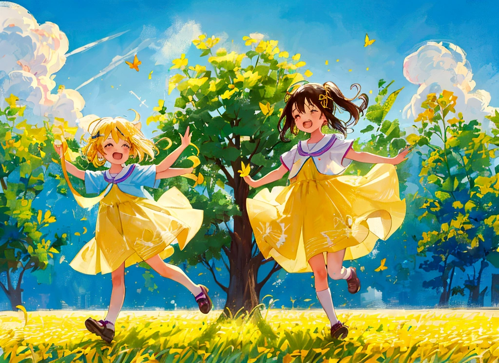 In a bright and cheerful field, two children chased butterflies with small nets. One child ran ahead while the other followed closely behind, both in a state of playful pursuit. The scene was filled with the essence of childhood innocence, as they joyfully ran through the tall grass under the warm sunlight, capturing the exuberance and wonder of their carefree adventure