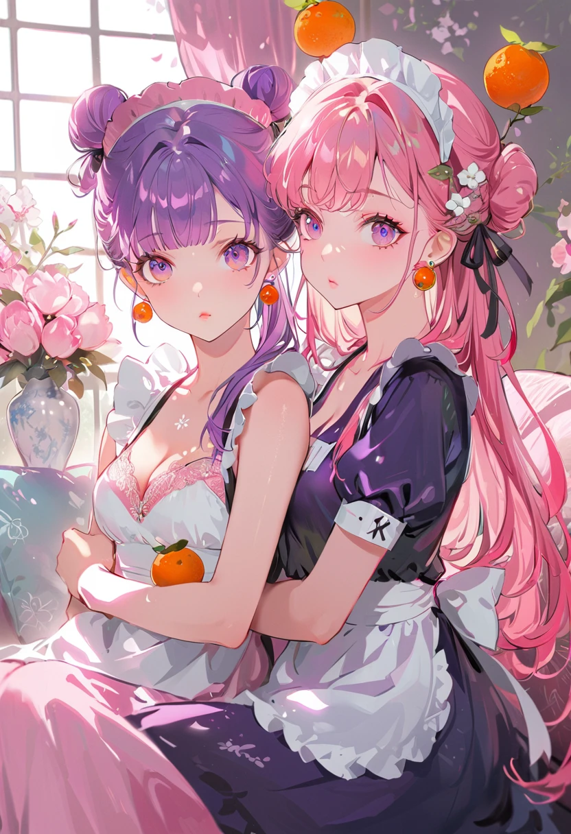 (Maid:1.5),(最高quality,Super detailed,High resolution:1.2),Purple hair girl painting、Glass mandarin orange earrings decorate both ears、One of them has ocean pink purple eyes、One of them has ocean pink red eyes、One has short red hair、Beautiful girl with a perfect face,Two girls、One of them is wearing a crab hat、One of them is wearing a tangerine hat.、very_Long eyelashes, Detailed lips, A radiant smile, Holding hands、Soft Skin, Shiny Hair,Vibrant Background, Natural light,The cutest girl in the world,Exquisite makeup,Pouting、((Hugging on a cushion))、Sit down, long hair、Bun hairstyle Beautiful, translucent white skin、Wet purple dress、Pink underwear is visible、Pink bra is visible through、Pink pants show through、quality\(8K,非常に精細なCGユニットのwallpaper, masterpiece,High resolution,top-quality,top-quality real texture skin,Super two-dimensional,Increase the resolution,RAW Photos,最高quality,Very detailed,wallpaper,Ray-tracing,Golden Ratio\),[Browsing Caution]