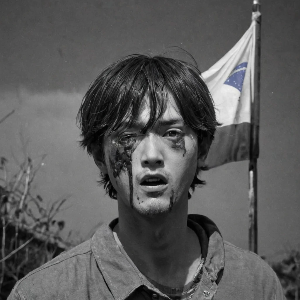 1 bombed man, tearing up the Brazilian flag, (anime), bizarre scenario, This is Junji, Yusuke Murata, black and white, 8K, anime, horror