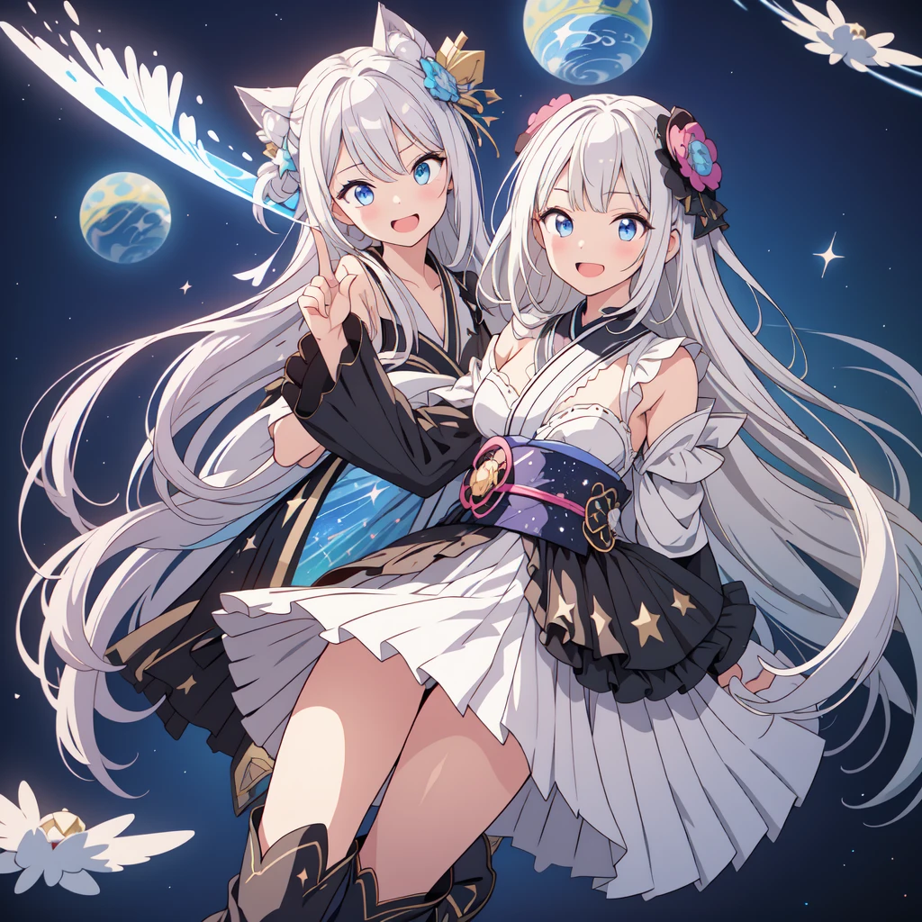 Star Fairy、(masterpiece, Highest quality), One girl, 「Beautifully printed galaxy patterned kimono and gothic ta outfits.、Space Pattern Ruffle Box Pleated tand in front of the audience、Knee-high boots、Captivating eyes、Perfect and amazing face、Exquisite detail、Clear images、Highest quality。」Milky white and blue gradient long straight hair、smile、Laughing happily、A giant stick is pointing to the left