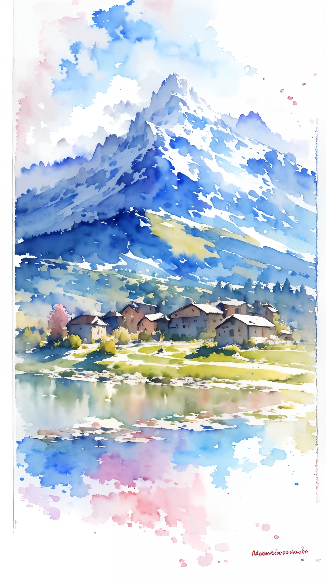 (masterpiece:1.2, Highest quality),(Very detailed),(((watercolor))),8K,wallpaper,Landscape of France,Mont Blanc,(((透明watercolor)))