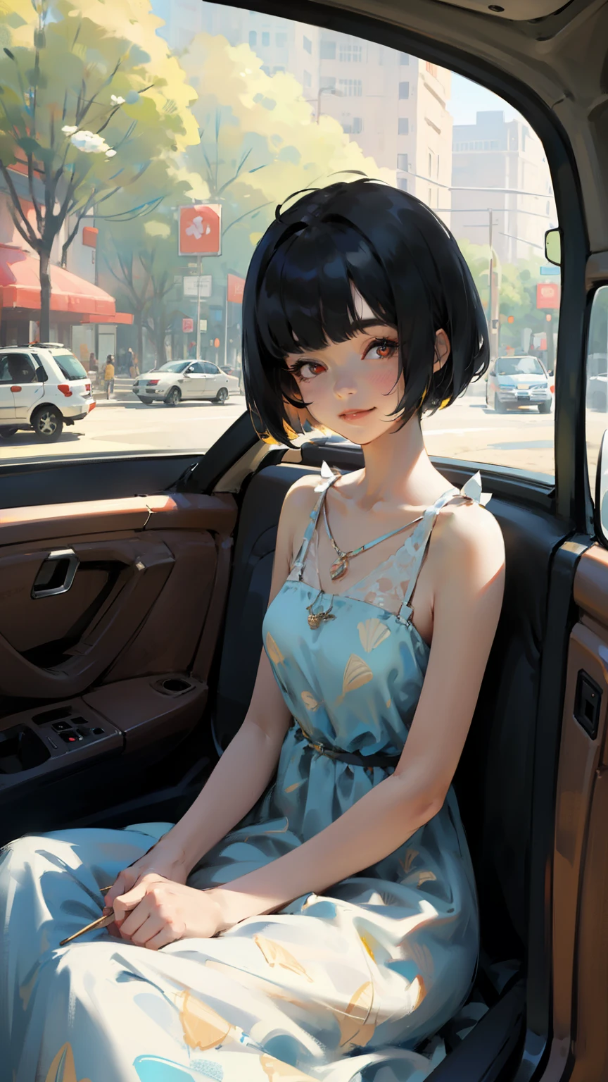 Beautiful girl, masterpiece, best quality, 1girl, tomboy, black hair, short hair, inverted bob, hair over one eye, thick lips, red eyes, closed mouth, long eyelash, veins, summer dress, sitting in driver side convertible car seat with the door open, holding an ice cream cone on a summer day at the park, patterned dress, park, sunny, smiles,