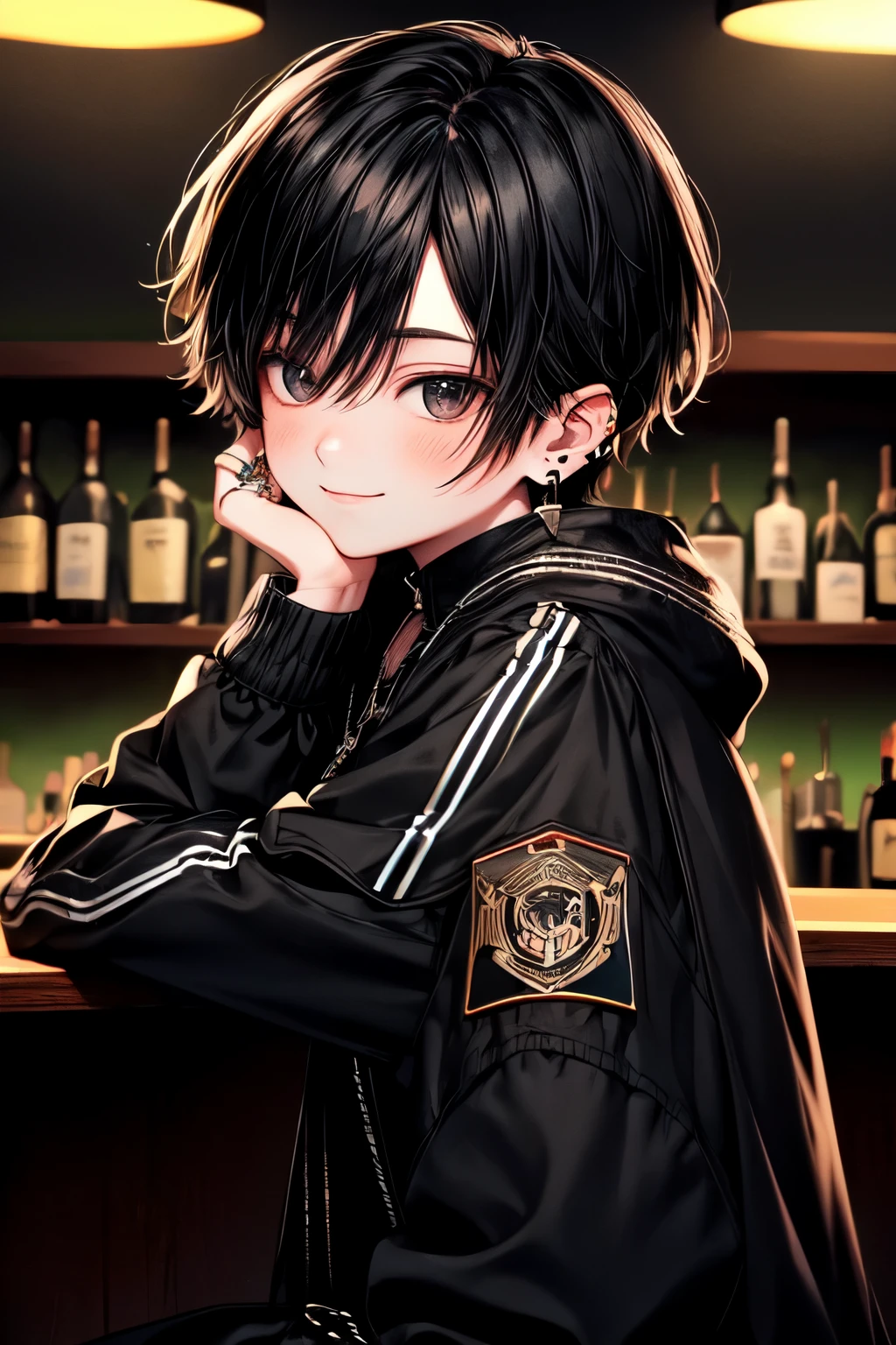 ((best quality)), ((masterpiece)), (detailed)，((Delicate face)),(well drawn illustration),（night），（solo）,(1 Boy),（boy）,Male high school student，teenager， Black short hair,Black eyes，Japanese boys short hair，((black oversized short jacket)),rivet，Black long Martin boots，（black pants），black shocker，necklace，ring，Black stud earrings，Smile，Side-parted bangs，pub，drunken，sideways，(pub)，(nignt club),Neon，(sitting on a pub stool),(leaning by a pub counter)，Short coat with puffy sleeves，Puffy sleeves，Tightened neckline，((very dim light))，Soft movements，Charming，cinematic lighting,(softlightontheface),(Soft expression)，light blush，shy smile