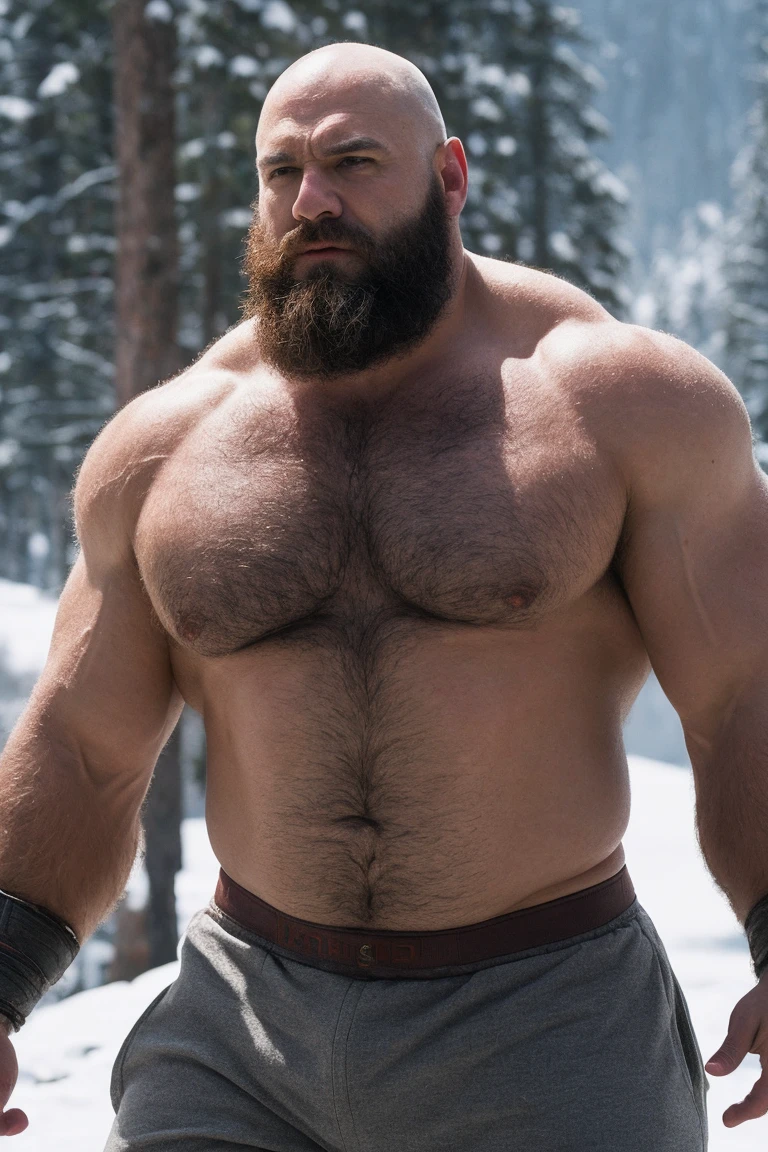 Hyperrealistic Very Realistic 8K Resolution Very Realistic Best Ultra High Definition resolution Very Realistic Photorealistic picture of a realistic bearded hairy Bald Kratos man in the snow, handsome stocky black, man with on, God of War Ragnarok Kratos, strong hairy chest and arms, with very realistic tattoos, very realistic hairy strong chest and arms, very realistic hairy chest, very realistic pecs, very realistic strong legs, in tiny realistic underwear with bulges, very realistic lips, very realistic lip details, very realistic belly, very realistic eyes, very realistic eyes details, very realistic thick chubby neck, very realistic neck lines, very realistic neck details, very realistic face, very realistic face details, 47 year old man, small transparent underwear, bald, very realistic kratos muscle bear beefy buff beefy bear buff beefy big belly thick big beefy big manly bulky muscular bodybuilder muscle bear, very realistic, very realistic photography, very detailed, full body portrait, 8k Resolution, very defined details, cinematic, 8k, epic Steven Spielberg movie still, sharp focus, by pascal blanche rutkowski repin artstation hyperrealism painting concept art of detailed character design matte painting, 8k resolution God of War Ragnarok