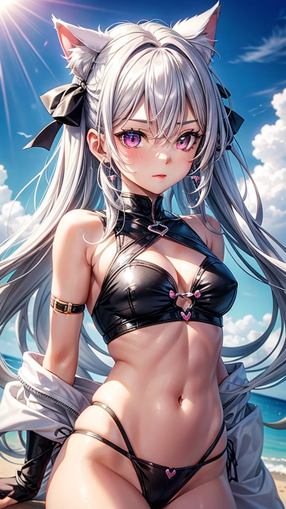 Silver hair, pink eyes, body, cat ears, sexy girl, earrings, cloud and sun background, hair bows, mitsuri