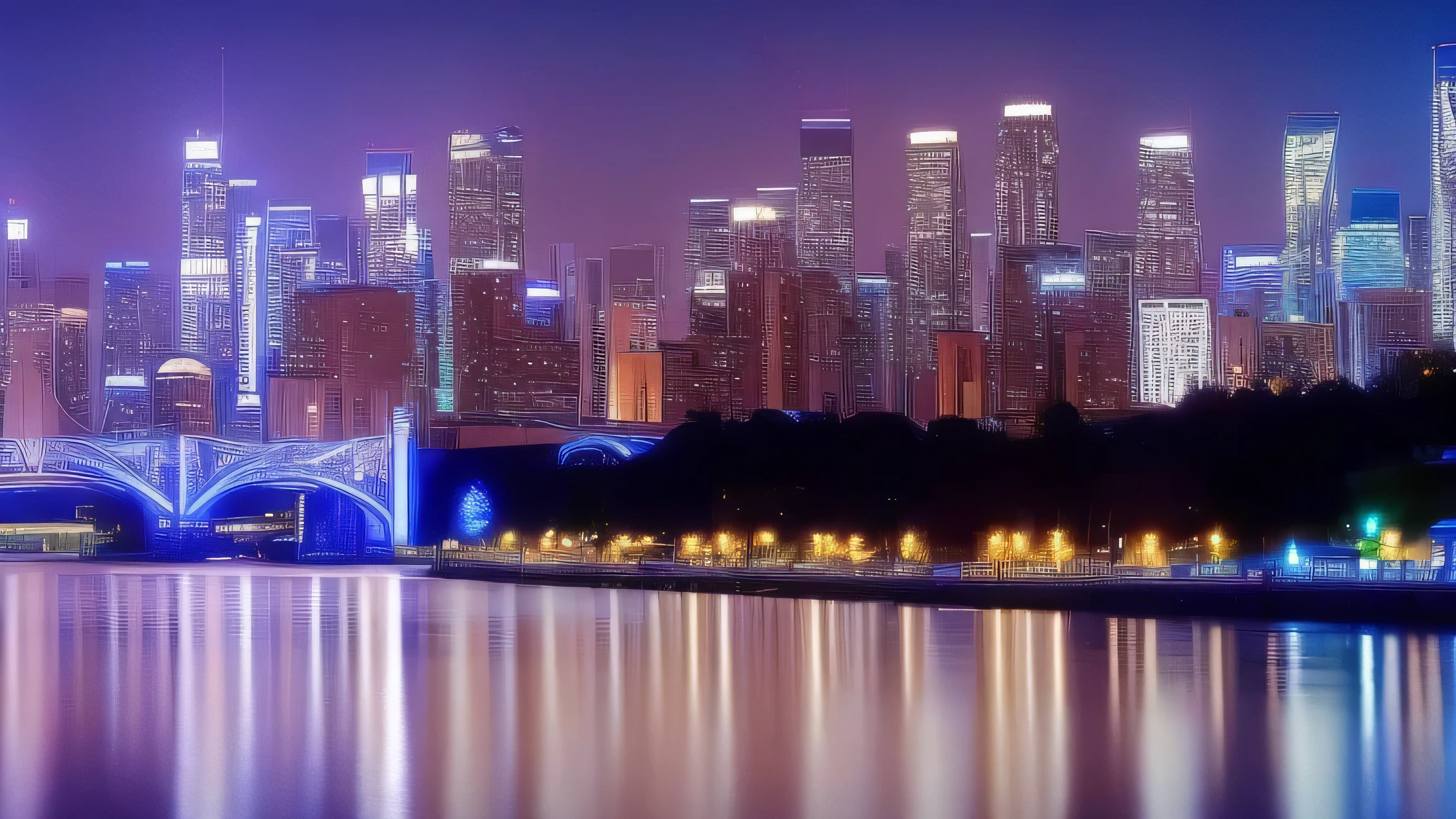 4K,Highest quality,City night view along the river,Fantasy,City lights reflected on the river