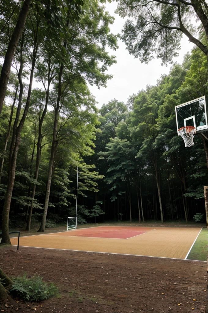 A basketball court,place,in the forest,