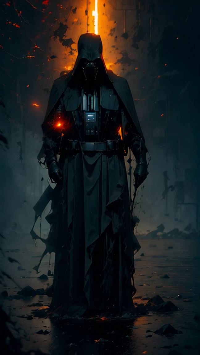 (Highest quality,Super detailed),dark,Wet,Artificial raindrops falling,Darth Vader Standing in the Rain。The mask is in the shape of a movie camcorder、The shape is clearly recognizable、Beam saber in hand