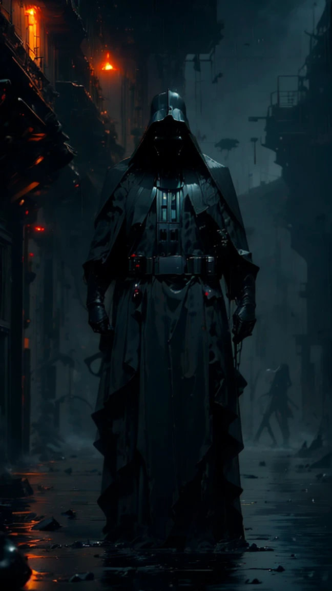 (Highest quality,Super detailed),dark,Wet,Artificial raindrops falling,Darth Vader Standing in the Rain。The mask is in the shape of a movie camcorder、The shape is clearly recognizable、Beam saber in hand