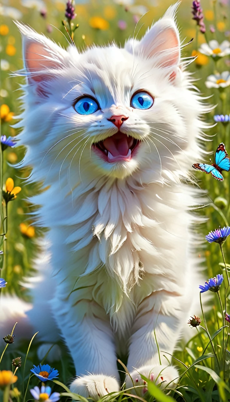 A fluffy white kitten with bright blue eyes, sitting in a field of wildflowers, chasing a butterfly with its tiny paws.