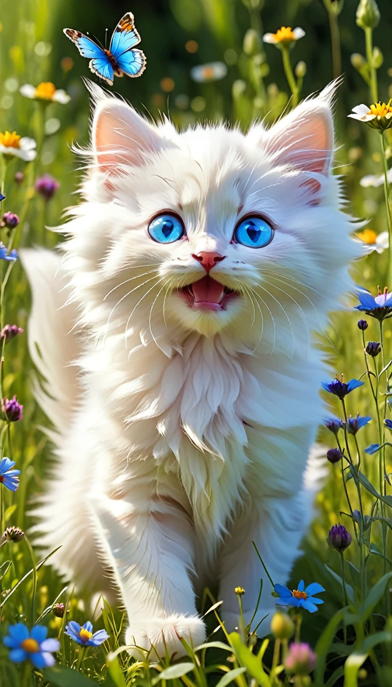 A fluffy white kitten with bright blue eyes, sitting in a field of wildflowers, chasing a butterfly with its tiny paws.