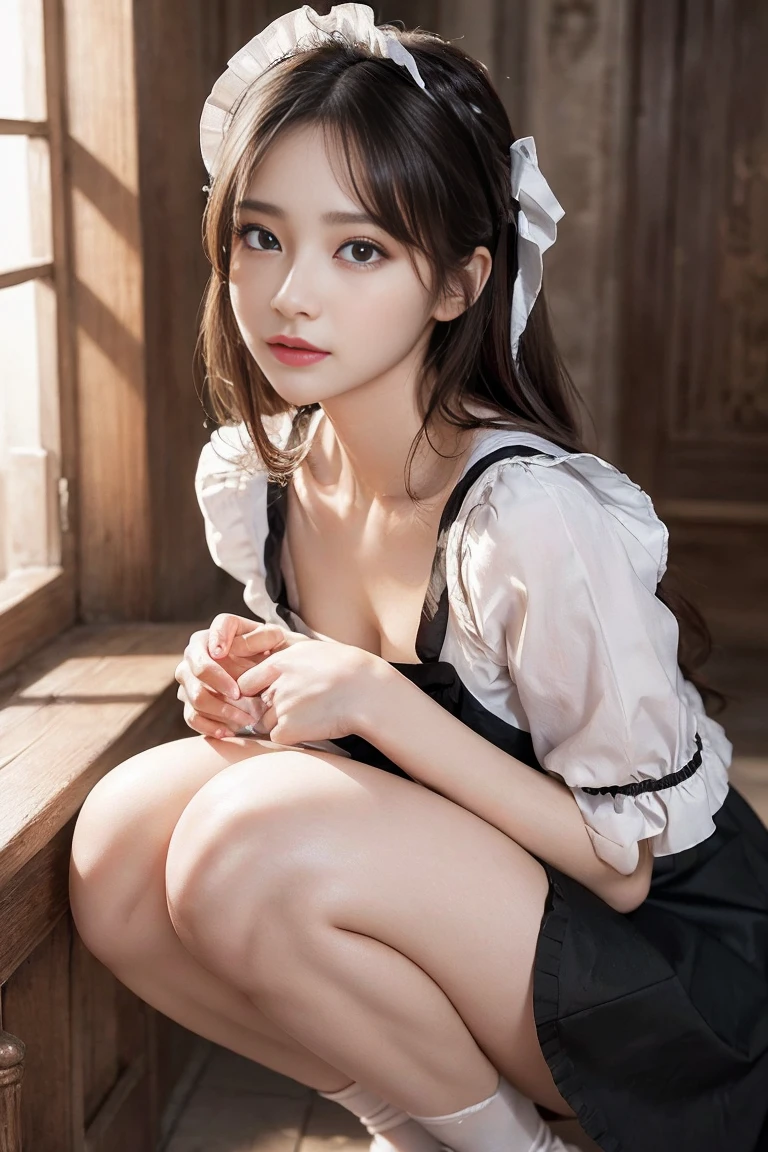 (Masterpiece: 1.3)、High resolution、Super detailed、Highly detailed CG Unity 8k wallpaper、Real、Photorealistic、RAW Photos、Beautiful detailed face、White skin、Realな輝く肌、Detailed Fabric Texture、Detailed Hair Texture、Perfect body、Beautiful Face、correct、解剖学的にcorrect、Highly detailed face and skin texture、Natural neck length、（Beautiful Hands）、（Fair skin：1.2）、Thin legs、Thin legs、BREAK、Detailed and beautiful eyes、Symmetrical eyes、Light brown eyes、double eyelid、Thin eyebrows、（Beautiful and elaborate face，Beautiful and delicate eyes((Detailed maid clothes in black and white:1.2), (large and impressive eyes, Long eyelashes), (Make eye contact with your audience:1.2), Are standing,The skirt flips up and the underwear is visible, White garter belt, Her white panties are in full view, Small Ass, Long and beautiful legs,Big Breasts, (Photographed at the palace, The palace is very bright and luxurious..), Seaweed((Show me your)), ((Stick your butt out)),(Squat with your feet wide apart)
