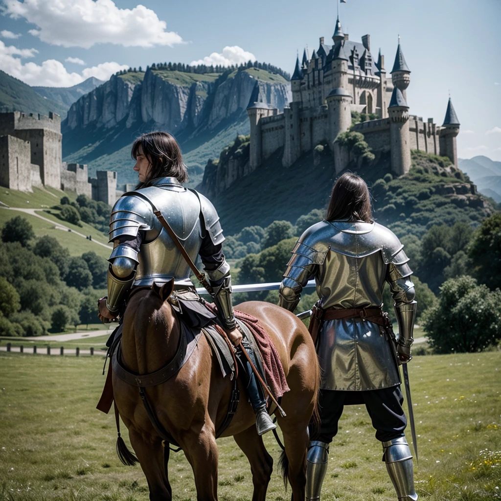 Medieval knight holding a long sword with his back, castle in the background, 1970 film