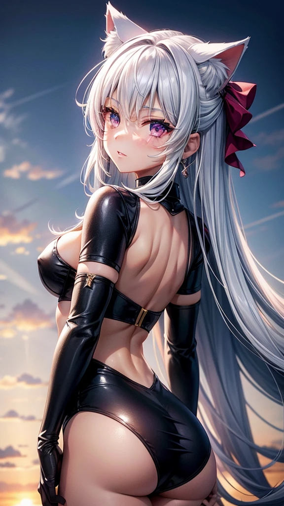 Silver hair, pink eyes, body, cat ears, sexy girl, earrings, cloud and sun background, hair bows, princess warrior
