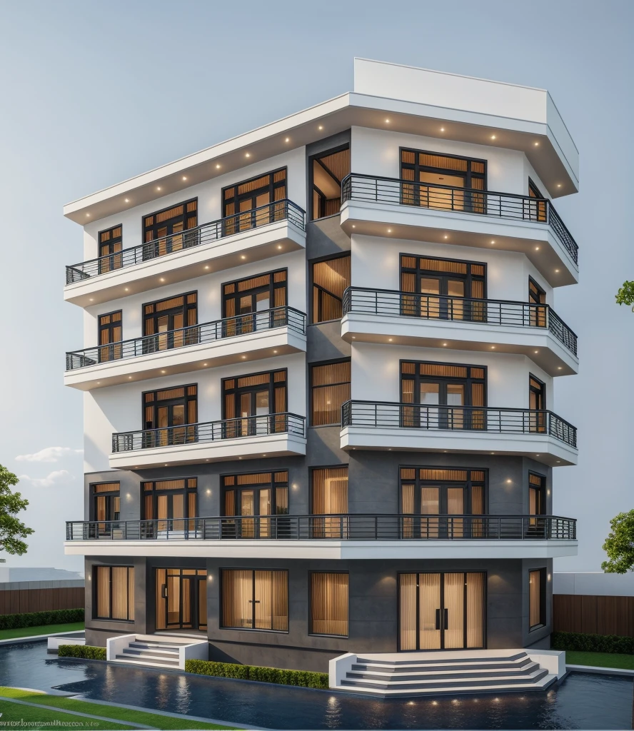 1 modern townhouse, the main materials of the house in terms of wall color: 1.2 glass panels: 1.1 and stone: 1.2, 1 large yard, 1 path in front of the house, (Raw, Real photos, best quality, masterpiece effects:1.2), modern and minimalist look, a road in front of the house, dynamic lighting:1.3, (hyper Realistic, photo-Realistic:1.2), high quality, (dark lighting:1.2), perfect lighting great, Archdaily, there are people, there are cars
