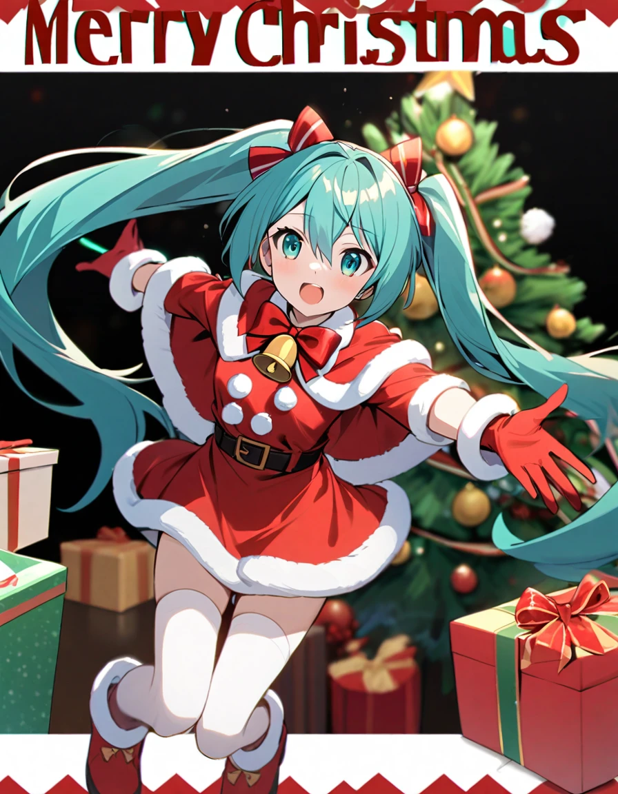 (absurdres, highres, ultra detailed, HDR), masterpiece, best quality, headshot of hatsune miku in Christmas costume, striking pose, detailed scenery