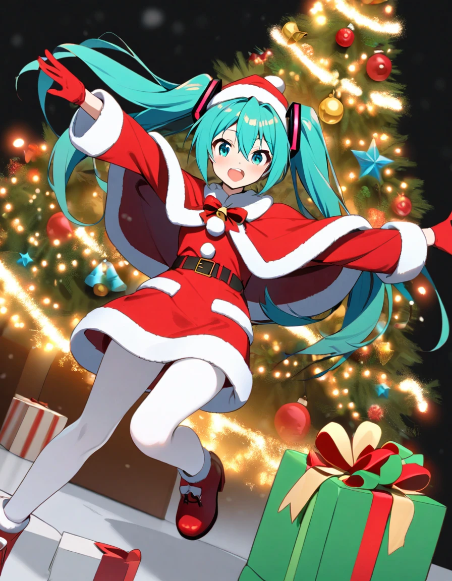 hatsune_miku, 1girl,solo,red bow, aqua eyes, white thigh highs, fur trim, bell, aqua hair, capelet, short dress, red dress, outstretched arms, black background, red footwear,  christmas,red gloves, santa costume, white pantyhose, gift box, long hair, christmas tree, red capelet, merry christmas,  santa dress