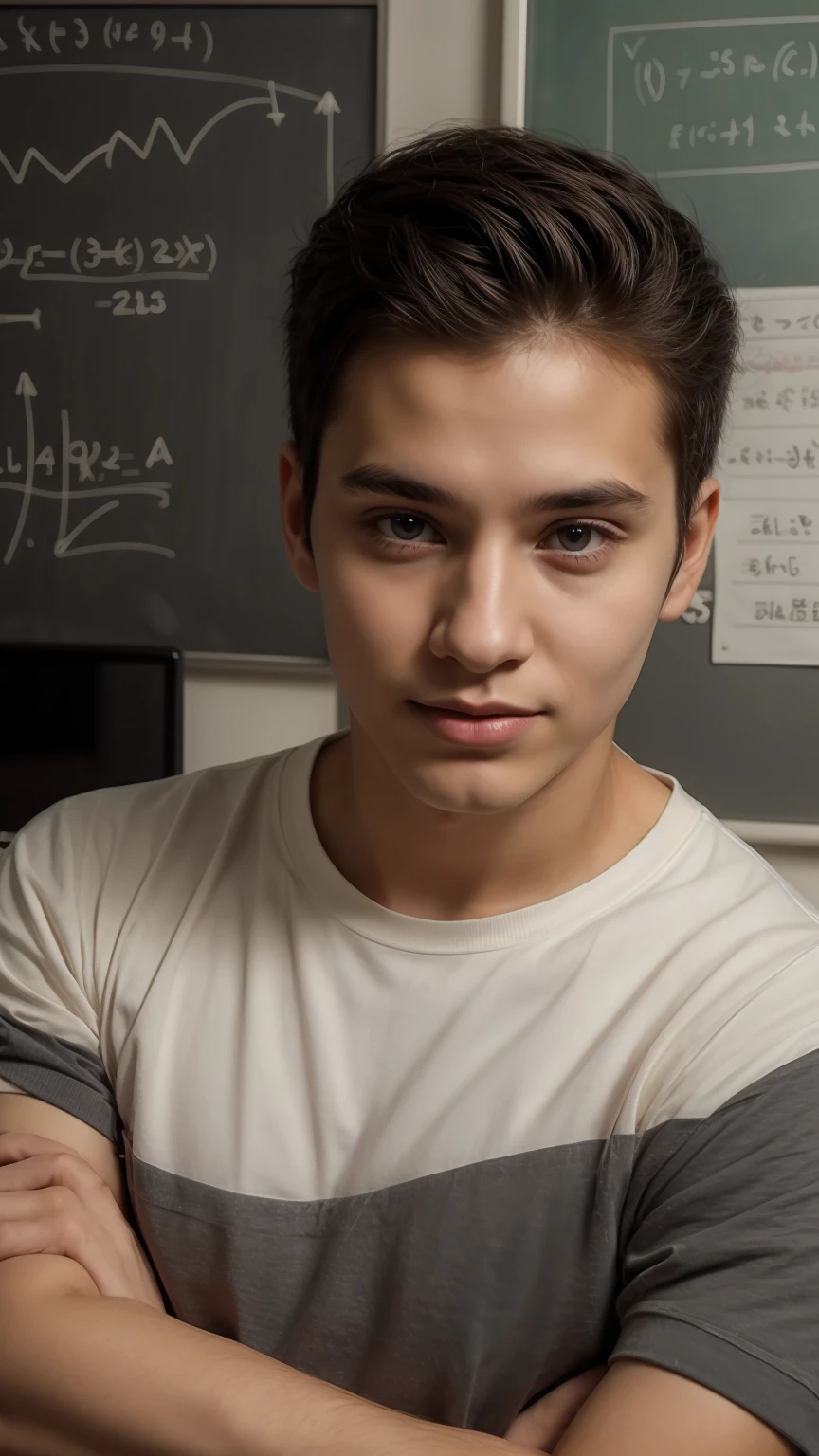 A cute, beautiful, male young man with a twinkle in his eye, with black hair, a feminine, obedient, innocent face, and he is in his office, and behind him is a blackboard with calculus written on it, and next to him is a screen containing physics equations, and he looks on proudly.