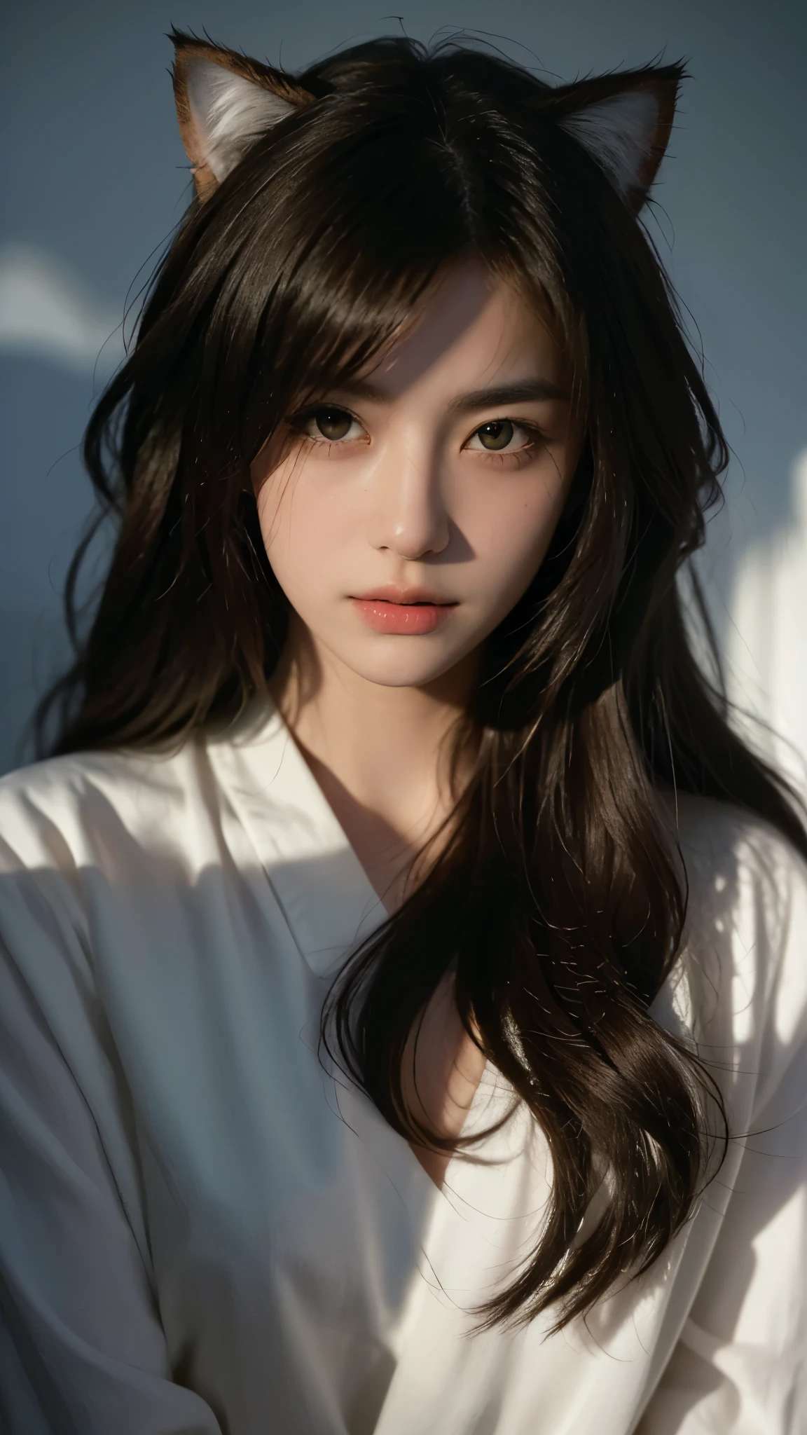 best quality,masterpiece,Ultra-high resolution,original photo, Cat ears,Lovely,In the light,Deep Shadows,Low profile,Cold Light,Sexy look,Long hair,((best quality: 1.5)) ((masterpiece: 0.8)), Intricate details, Be focused, professional, real life, Real facial expressions, Dynamic poses, ((([Large Breasts:0.8])))),