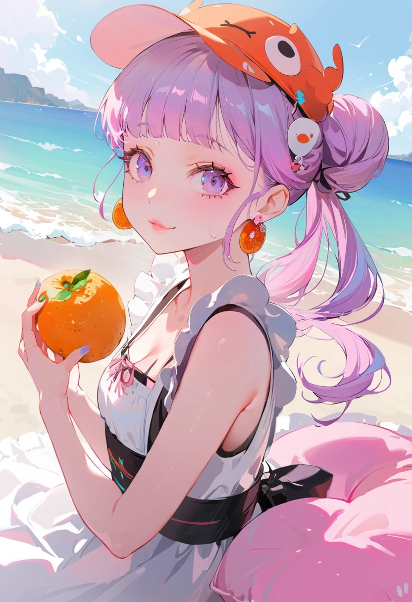 (Maid:1.5),(最高quality,Super detailed,High resolution:1.2),Purple hair girl painting、Glass mandarin orange earrings decorate both ears、Eye color: Ocean pink purple、Beautiful girl with a perfect face,Two girls、One of them is wearing a crab hat、One of them is wearing a tangerine hat.、very_Long eyelashes, Detailed lips, A radiant smile, Holding hands、Soft Skin, Shiny Hair,Vibrant Background, Natural light,The cutest girl in the world,Exquisite makeup,Pouting、((Hugging on a cushion))、Sit down, long hair、Bun hairstyle Beautiful, translucent white skin、Wet purple dress、Pink underwear is visible、Pink bra is visible through、Pink pants show through、quality\(8K,非常に精細なCGユニットのwallpaper, masterpiece,High resolution,top-quality,top-quality real texture skin,Super two-dimensional,Increase the resolution,RAW Photos,最高quality,Very detailed,wallpaper,Ray-tracing,Golden Ratio\),[Browsing Caution]