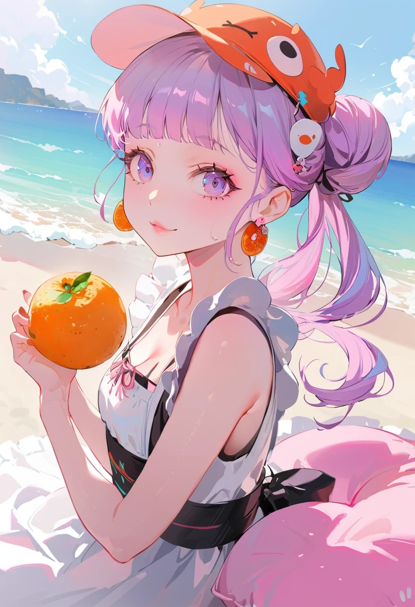 (Maid:1.5),(最高quality,Super detailed,High resolution:1.2),Purple hair girl painting、Glass mandarin orange earrings decorate both ears、Eye color: Ocean pink purple、Beautiful girl with a perfect face,Two girls、One of them is wearing a crab hat、One of them is wearing a tangerine hat.、very_Long eyelashes, Detailed lips, A radiant smile, Holding hands、Soft Skin, Shiny Hair,Vibrant Background, Natural light,The cutest girl in the world,Exquisite makeup,Pouting、((Hugging on a cushion))、Sit down, long hair、Bun hairstyle Beautiful, translucent white skin、Wet purple dress、Pink underwear is visible、Pink bra is visible through、Pink pants show through、quality\(8K,非常に精細なCGユニットのwallpaper, masterpiece,High resolution,top-quality,top-quality real texture skin,Super two-dimensional,Increase the resolution,RAW Photos,最高quality,Very detailed,wallpaper,Ray-tracing,Golden Ratio\),[Browsing Caution]