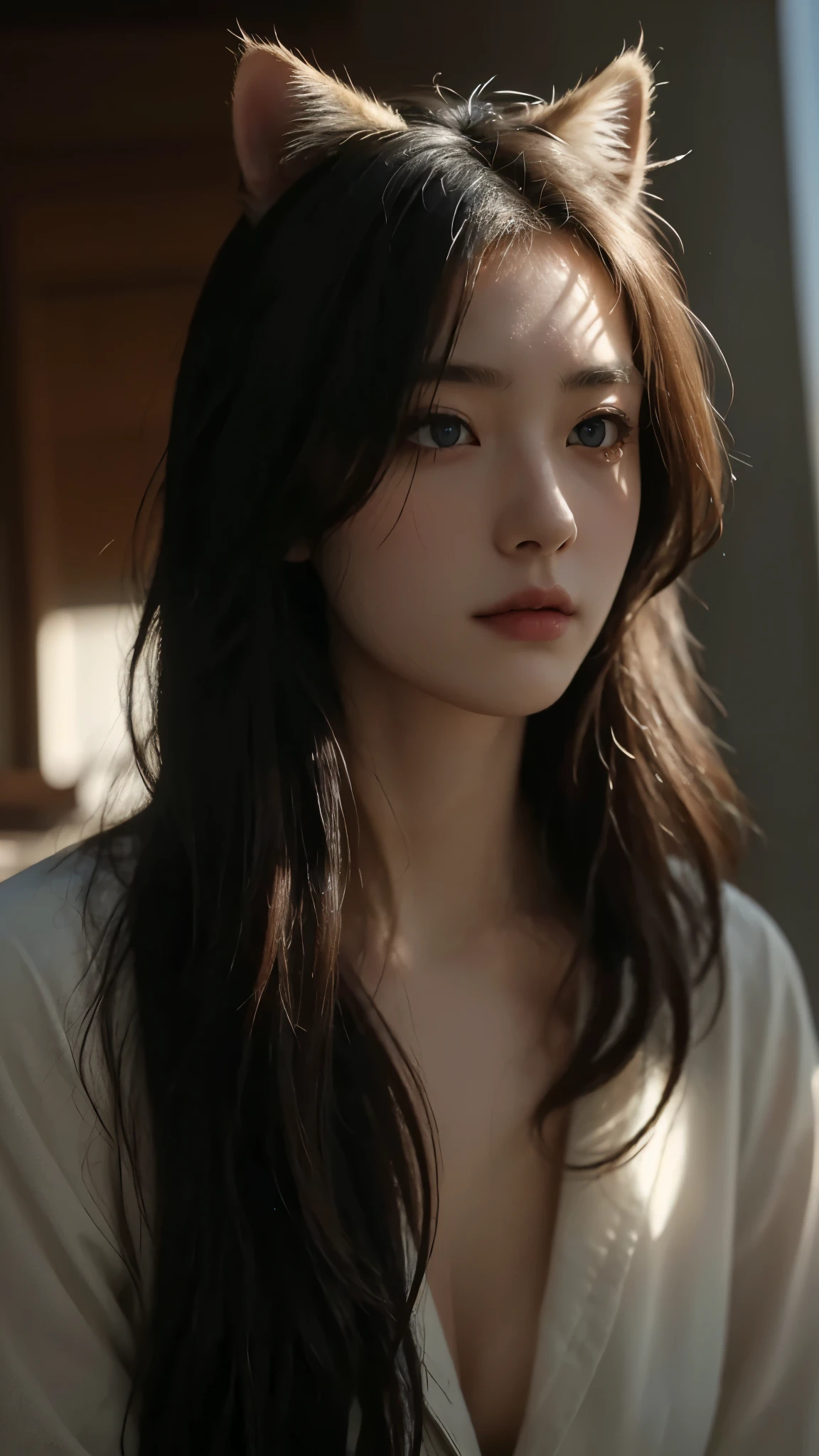 best quality,masterpiece,Ultra-high resolution,original photo, Cat ears,Lovely,In the light,Deep Shadows,Low profile,Cold Light,Sexy look,Long hair,((best quality: 1.5)) ((masterpiece: 0.8)), Intricate details, Be focused, professional, real life, Real facial expressions, Dynamic poses, ((([Large Breasts:0.8])))),