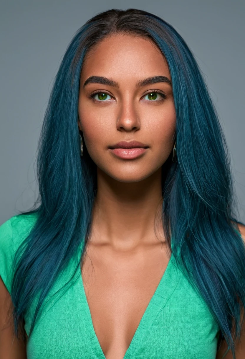 A beautiful woman, beautiful Latin face, young Brazilian Nyvi Estephan, Brazilian supermodel, serene and elegant beauty, Angolan descent, young adult 30 years old, nerdy woman, tall woman, a stunning black woman, with indigenous features, beautiful indigenous girl, native Brazilian, ((A European ebony indigenous African girl)), ((her beauty is undeniable)), beautiful young dark skinned ebony, tanned Mexican, long blue hair, straight blue hair, asymmetrical cut can add a modern and stylish touch . has an exotic beauty with beautiful green eyes, green realistic eyes, bright green eyes, ultra detailed green eyes, ultra realistic green eyes, natural green eyes, ultra detailed iris, perfect eyes, perfect iris, hyper realistic eyes, eyeliner, long eyelashes and defined, penetrating gaze that conveys confidence, striking, powerful expression, strong presence, striking makeup, full, voluminous lips, seductive lips, captivating, striking, unforgettable, dazzling, mischievous smile, wide smile, your features are captivating, subtle smile on your lips , beautiful and detailed face, detailed skin texture, Notice her perfectly shaped eyebrows, which arch gracefully above her eyes, small nose that is proportionate to her face, and soft contour of her face that accentuates her high cheekbones. Beautiful and glowing skin, intricate details, smooth skin, healthy and radiant appearance, Attractive slim woman, Average bust, Average and beautiful breasts, athletic physique, flat stomach, slim waist, huge hips, wide hips, big ass, thick thighs, legs shapely concept art .3D 4k, high resolution, full sharpness photo realistic, breathtaking, Lentille nette, Photographie professionnelle, Objectif 70mm, Unreal Engine 5, wallpaper, colorful, art, (Hdr: 1.5), hyper-detailed, (ArtStation: 1.5) rich color, hyper-realistic, realistic texture, (dramatic lighting), Cinestill 800