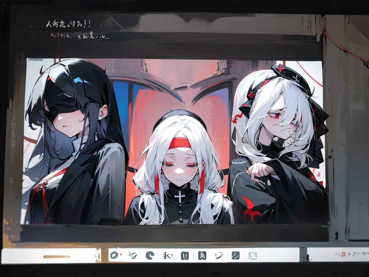 Make an anime poster, has 4 women in it, on the left side a classy dressed beauty with only the colors red and white, has an angelic presence but a demonic personality, she wears a hat on her head and a long mature gown. On the middle, a millitary general with black and white hair, and a blindfold covering her eyes. Behind her in the back, a woman faded in the background, only her eyes red Phoenix can be seen. Finally at the very right side a nun with a blindfold and a church nun fantasy black dress, holding her hands together symbolizing a prayer gesture.