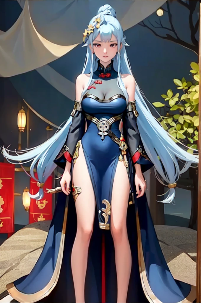 ((big breasts)), 1girl, solo, long hair, looking at viewer, hair ornament, big breasts and exposed breasts, dress, bare shoulders, closed mouth, blue hair, yellow eyes, braid, artist name, a slim navel, blue dress, chinese clothes, china dress, light blue hair,, Jordyn Huitema, (masterpiece,best quality:1.5), (masterpiece,best quality:1.5), Chinese imperial palace, feudal China, stand upright and relax both arms, wooden castle, lake, (lantern), sparkling, (masterpiece,best quality:1.5), (masterpiece,best quality:1.5)