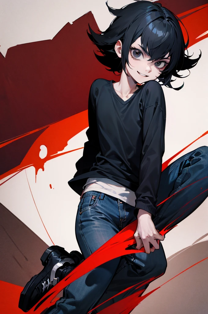 one  men, 18-20 years old, lazy, looking like the character L from death note, blackquality hair, black eyes with slight shades of red, dirty white shirt, jeans with black sneakers, evil smile and eyes.