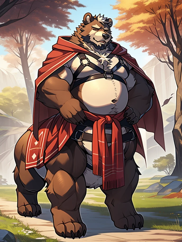 brown bear, furry, fur taur, beartaur, middle-age, detailed face, bear ears, bear eyes(brown), bear nose(black), garibaldi beard(white), mature hair(white), detailed hands, detailed body belly, muscle belly, chest harness, cloak(shortest) detailed taur body, bear paws