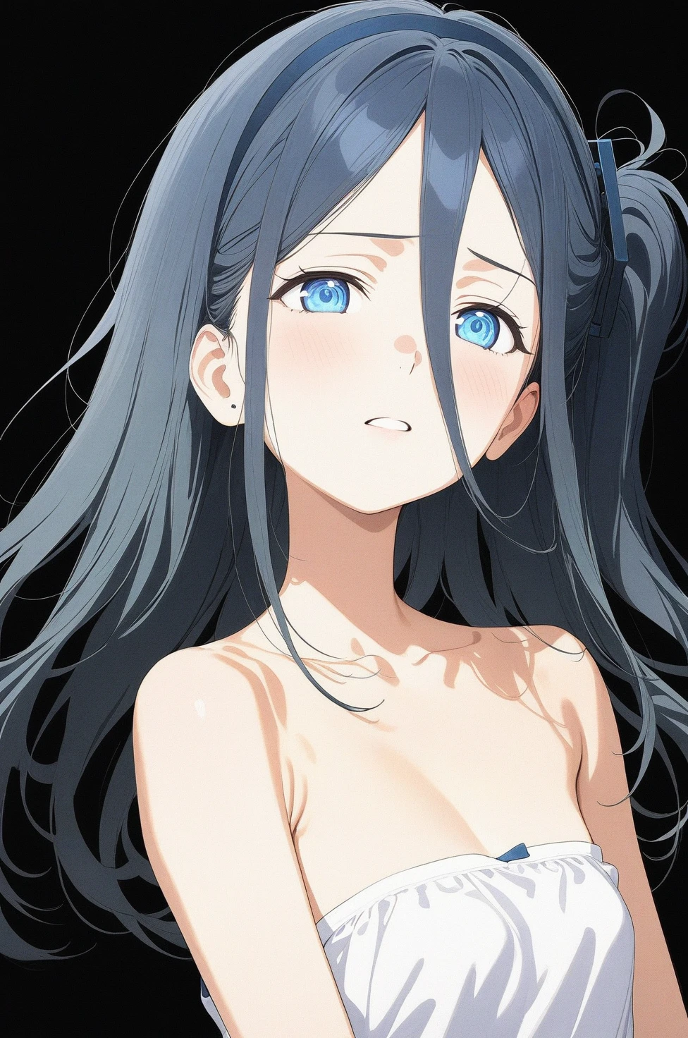 best quality, amazing quality, very aesthetic, absurdres, 1girl, aris (blue archive), blue archive, blue eyes, strapless, (artist official art:1.5), (realistic face), (narrowed eyes), (cowboy shot), (concept art:1.5), panties, (thigh), expressive eyes, perfect face, 4k, extremely detailed anime illustration, extremely detailed eyes, enhanced details, perfect ???????, light rays, photo background, extremely delicate body, smooth skin, feminine expression, (black background:2), cristal clear eyes, beautiful face,