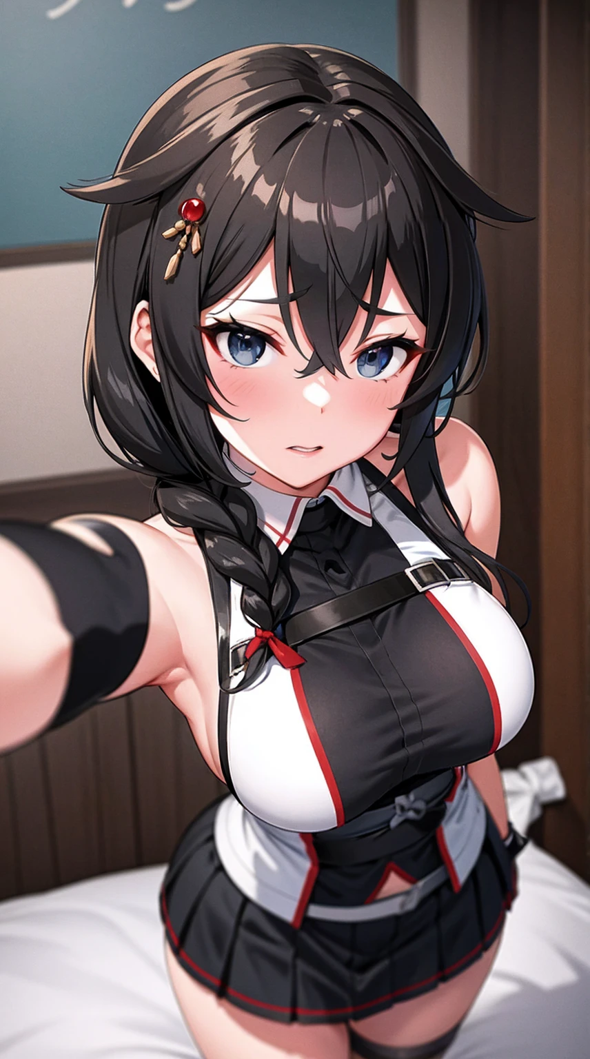 Shigure Kai 3 KanColle Sleeveless Black Thimble Gloves Black Skirt Braid 8K High Resolution Very Fine Eyes Very Fine Face、Insanely detailed body、Extremely fine skin, very elaborate hair ornament, Precisely sculpted body and hand 1 person hotel room