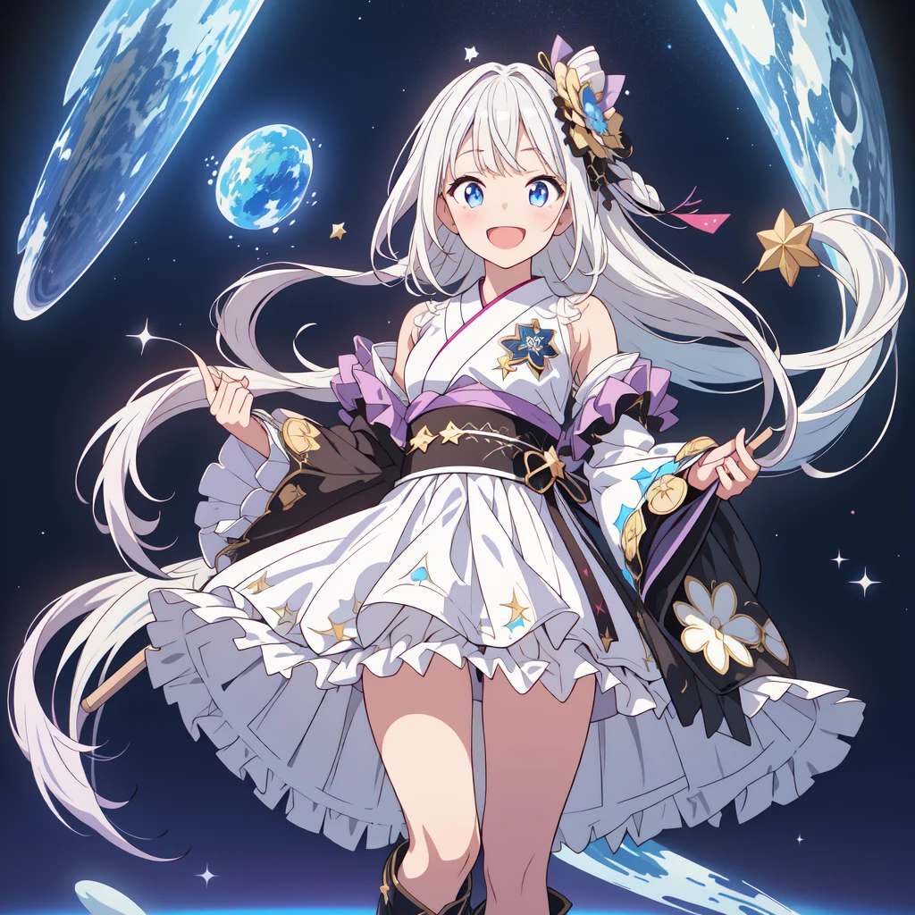 1GIRL,Star Fairy、(masterpiece, Highest quality), One girl, 「Beautifully printed galaxy patterned kimono and gothic ta outfits.、Space Pattern Ruffle Box Pleated tand in front of the audience、Knee-high boots、Captivating eyes、Perfect and amazing face、Exquisite detail、Clear images、Highest quality。」Milky white and blue gradient long straight hair、smile、Laughing happily、A giant stick is pointing to the left