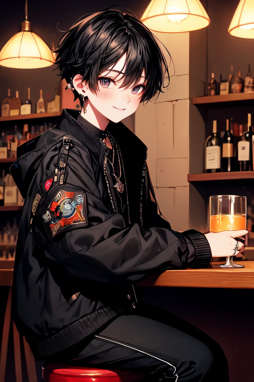 ((best quality)), ((masterpiece)), (detailed),((Delicate face)),(well drawn illustration),(night),(solo),(1 Boy),(boy),(((16-year-old))),Male high school student,teenager, Black short hair,Black eyes,Japanese boys short hair,((black oversized short jacket)),rivet,Black long Martin boots,(black pants),black shocker,necklace,ring,Black stud earrings,Smile,Side-parted bangs,pub,drunken,sideways,(pub),(nignt club),Neon,(sitting on a pub stool),(leaning by a pub counter),Short coat with puffy sleeves,Puffy sleeves,Tightened neckline,((very dim light)),Soft movements,Charming,cinematic lighting,(softlightontheface),(Soft expression),light blush,shy smile