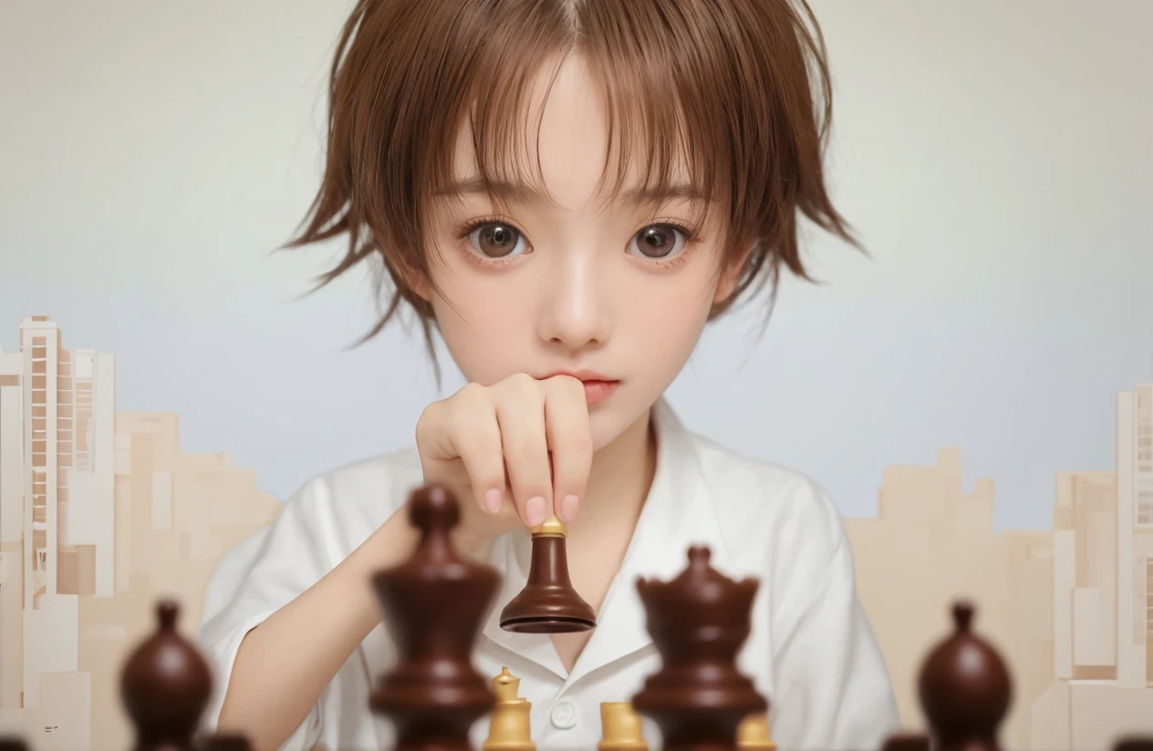 A realistic child playing with a chess