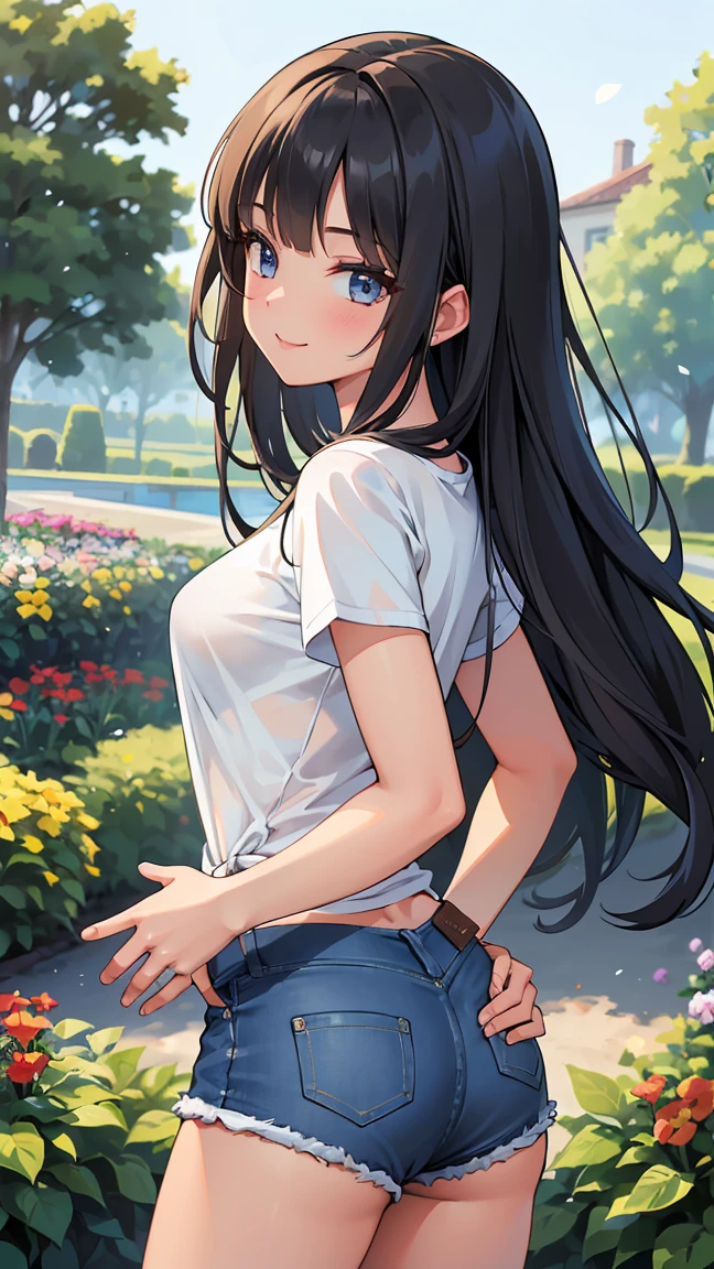 (8K, Live shooting, best quality, muste piece: 1.2), High-definition RAW color photo, Professional photography, cinematic light, ((1 girl)), focus on butt, (Low - Angle:1.2), super cute face, (black long hair), smile, Gorgeous body, glossy lips, slender body, big breasts, small butt, ((T-shirt, denim shorts, )), with your back turned:1.5, Are standing:1.2, Turn around pose, natural makeup, long eyelashes, shiny hair, asymmetrical bangs, tanned skin, pretty face, beautiful detailed eyes, beautiful body, beautiful chest, beautiful thighs, beautiful legs, (((clean fingers, 5 fingers on hand, five fingers))), (((flower garden, garden))), central image, high resolution, high detail, detailed hairstyle, detailed face, epic movie lighting, lively, hyper real, perfect limbs, perfect anatomy, anatomically correct,