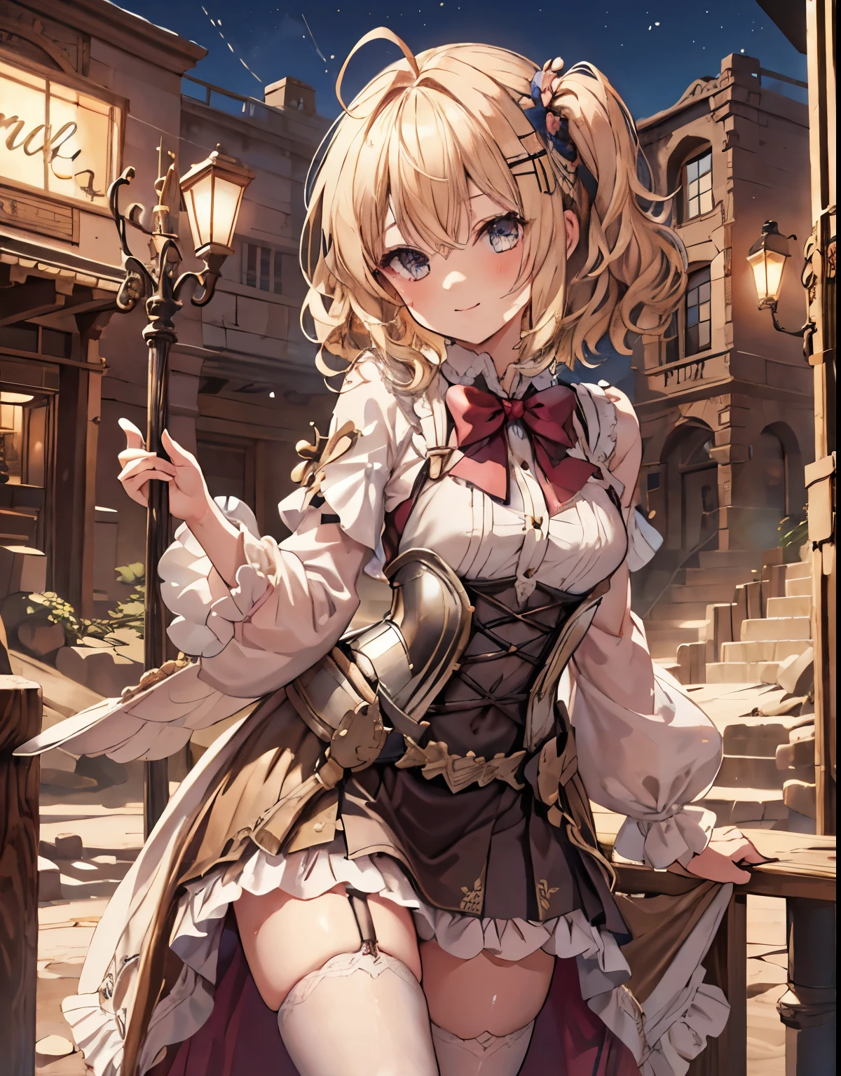 masterpiece, 1girl, sparrow, a blonde haired girl, wearing a full armor, curly short hair, messy hair, slim body, he close her left eye, shirt ornament, ruby eyes, ahoge, baby face, small breast, beautiful breasts, rounded breasts, long sleeves, beautiful eyes, white stocking, droopy eyes, her age is 19 years old, bar, bowtie, azusa_bluearchive, lovely face, medium hair, lovely smile, curly hair, knight armor, night bar