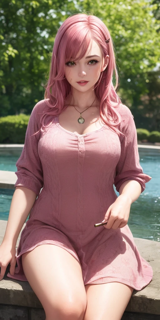 masterpiece,best quality,photo realistic,asda,face,1girl,head,thick lips, pink hair,sitting ,wet,shiny skin, mix4,